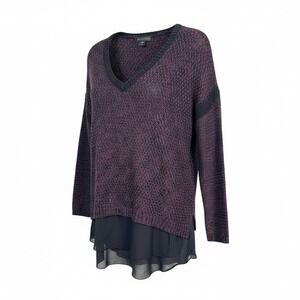 Metaphor Womens V Neck Speckled Knit Chiffon Hem Sweater Top Purple Black Size S